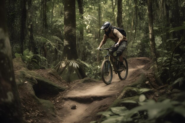 Montain bike racing on tropical forest generative ai