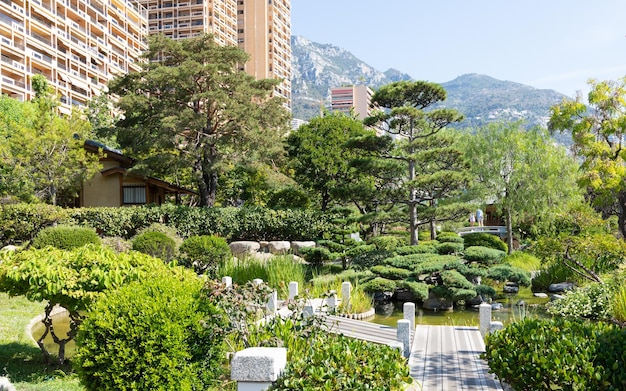 Monte Carlo Japanese garden with the city in the background