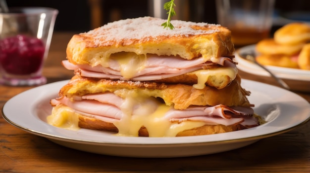 A Monte Cristo the ham turkey and cheese dipped in batter and fried until golden brown