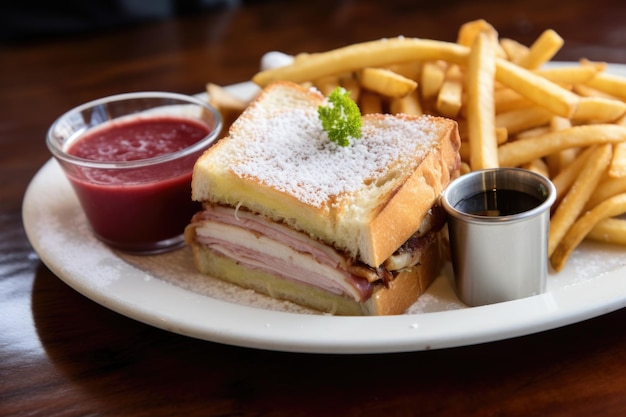 Monte cristo sandwich with a side of fries and dip