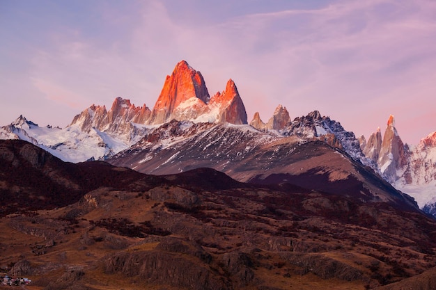 Monte Fitz Roy (also known as Cerro Chalten) aerial sunrise view. Fitz Roy is a mountain located near El Chalten, in the Southern Patagonia, on the border between Argentina and Chile.