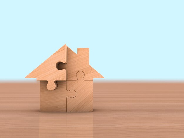 Monteer een puzzeltype huis gemaakt van houten blokken onroerend goed investeringsconcept