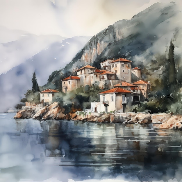 Montenegrijns landschap in aquarelstijl door Generative AI