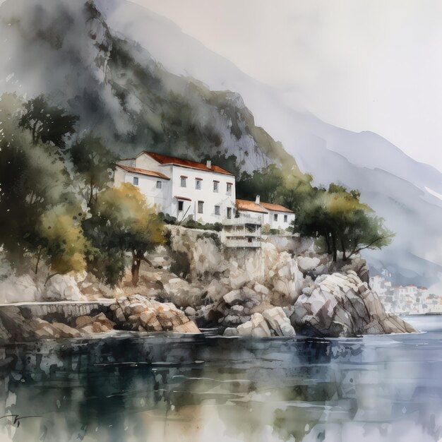 Montenegrin landscape in watercolor style by Generative AI