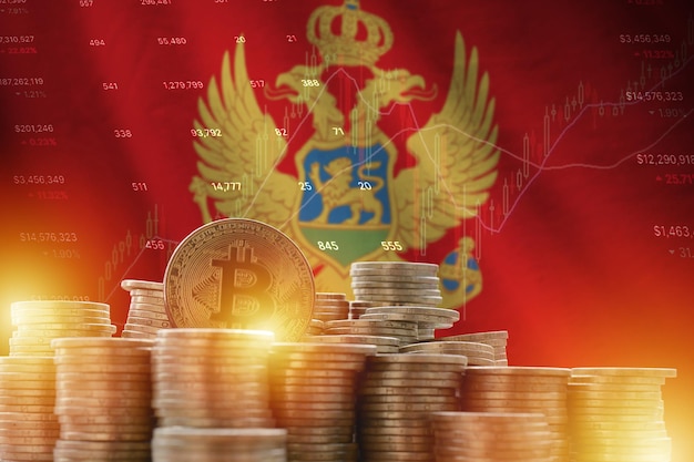 Montenegro flag and big amount of golden bitcoin coins and trading platform chart Crypto currency