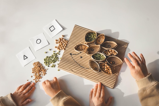 Montessori en sensorische ontwikkeling een kind speelt met natuurlijke materialen en sorteert granen