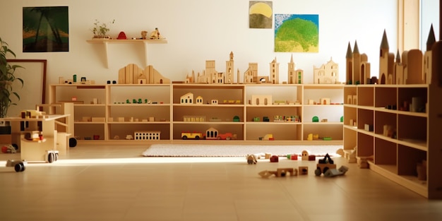 Montessori preschool embraces ecoconsciousness through wooden materials fostering curiosity and creativity Generative AI