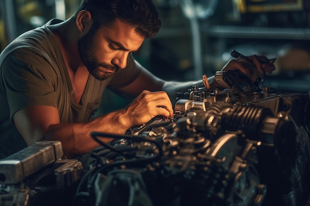 Monteur die de motor van een auto repareert in een servicecentrum met Generative AI