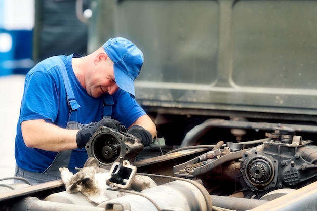 Monteur in overall repareert vrachtwagen op zomerdag buiten Dringende reparatie van vrachtwagens Authentieke workflow