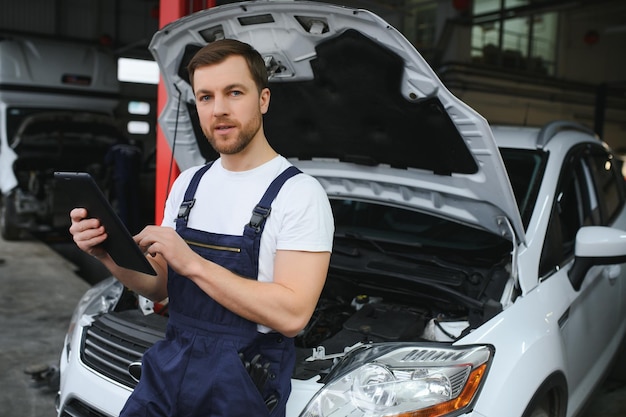 Monteur met baard in overall die in de garage van een autosalon staat en een tablet vasthoudt. Hij staat op het punt een diagnose te stellen