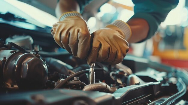 Foto monteur vervangt de bougies in een auto om een soepele ontsteking en brandstofefficiëntie te bevorderen