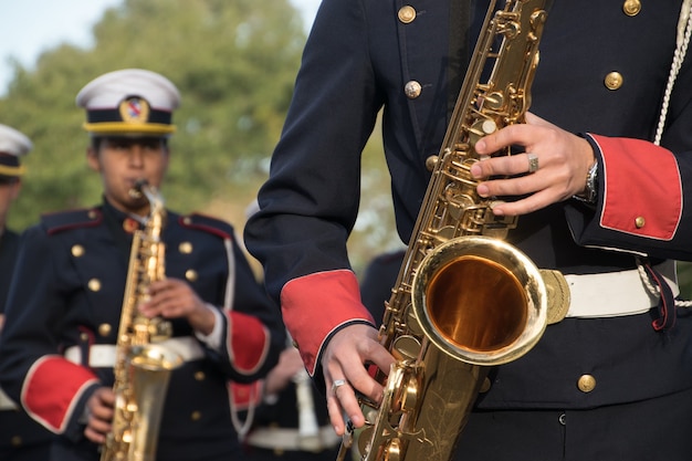 MONTEVIDEO, URUGUAY, 11 JUNI 2017; Groep saxofonisten van de Militar High School Band.