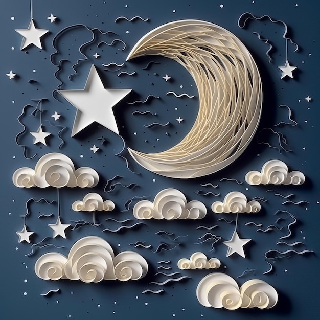 Foto mese nuvole e stelle nel cielo stile carta generative ai
