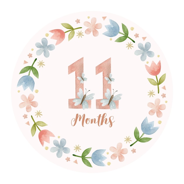 Monthly milestone card 11 months. Cute watercolor illustration.