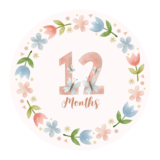 Monthly milestone card 12 months. Cute watercolor illustration.