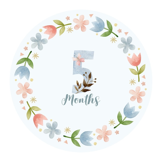 monthly milestone card 5 months. cute watercolor illustration.
