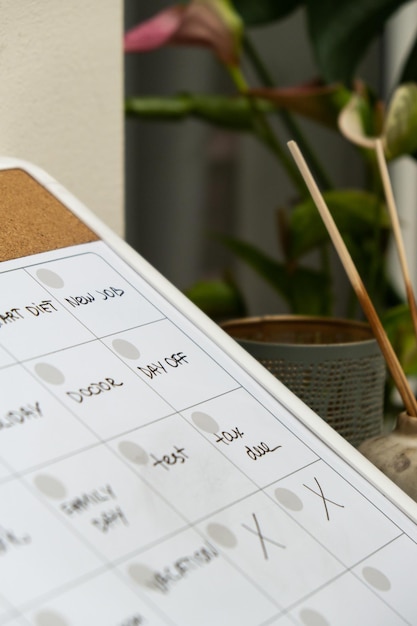 Foto pianificatore mensile pieno di appuntamenti e piani per il mese successivo calendario del mese occupato magnetico