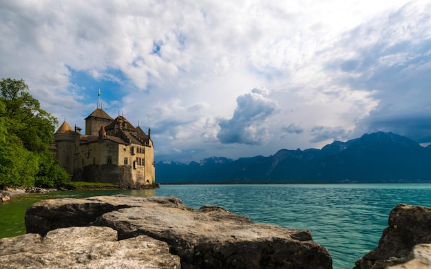 Montreux , Switzerland - May 22 , 2018 :   Chillion castle , Fairy Beautiful  Fantasy landmark of Ge