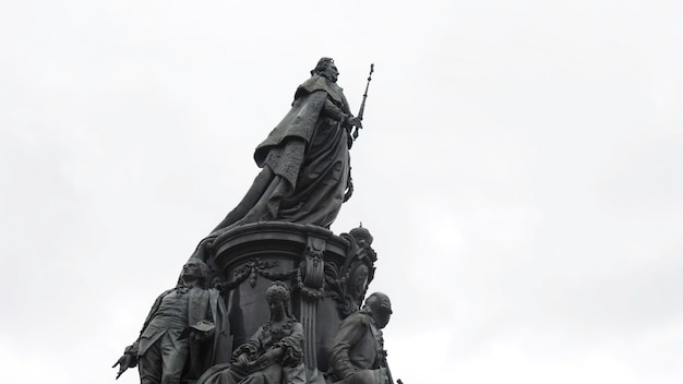 Monument to catherine ii on cloudy sky background saint petersburg russia action bottom view of a