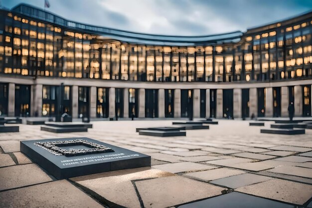 Photo a monument in front of a building with the words 