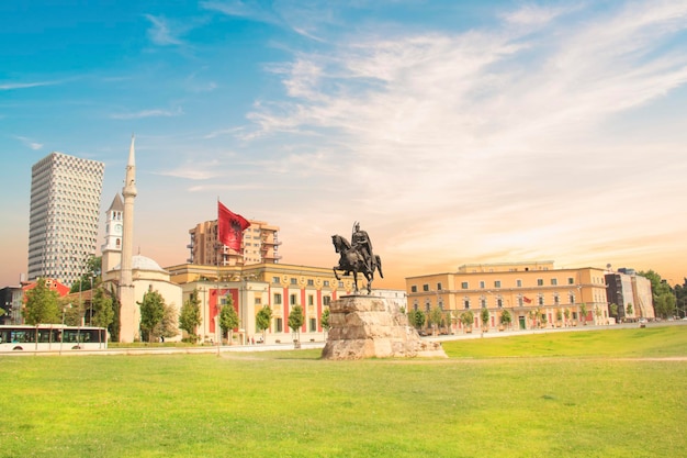 Monument to Skanderbeg in Scanderbeg Square in the center of Tirana, Albania