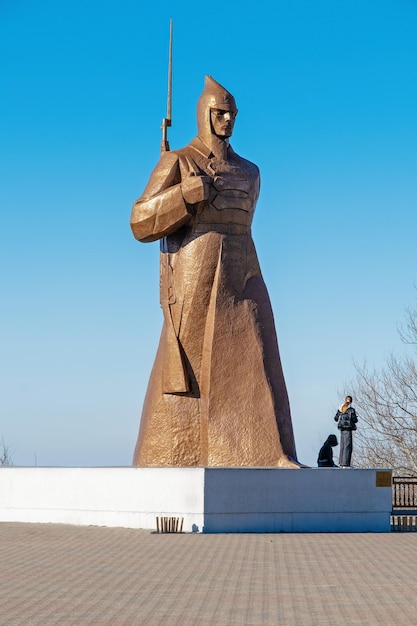 Monument to a soldier on Castle Hill in the city of Stavropol Russia April 2 2023