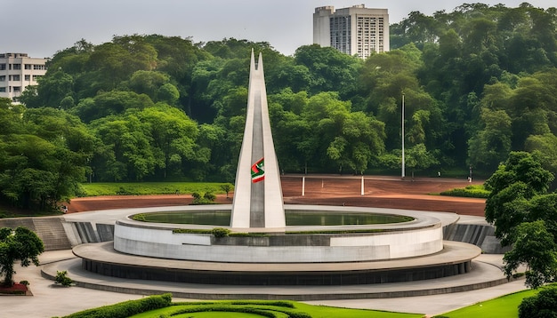 a monument with a green logo on it and a red triangle in the middle