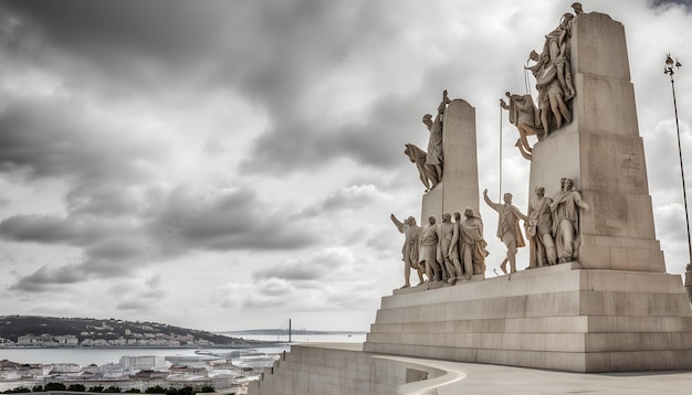 Photo a monument with statues of people on it and a cloudy sky in the background