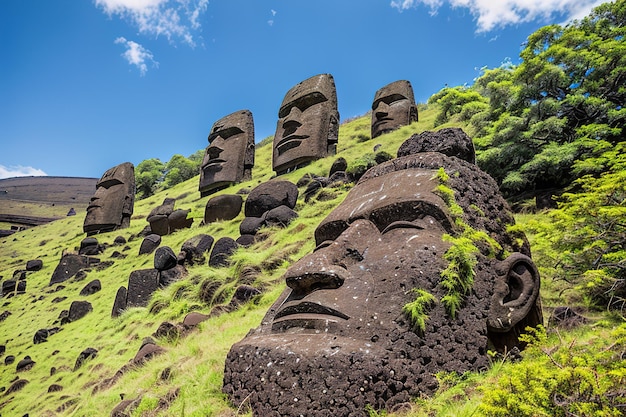 Monumentaal beeldhouwwerk uit de oudheid op het met mos generatieve ai begroeide eiland