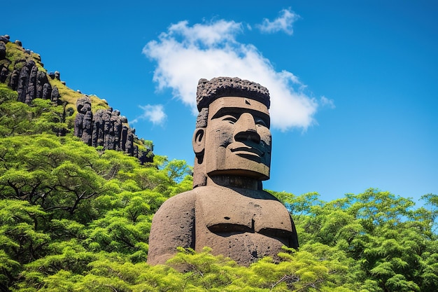 Monumentaal beeldhouwwerk uit de oudheid op het met mos generatieve ai begroeide eiland