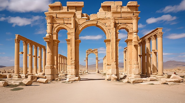 the monumental arch in the eastern section of the the colonnade with clear blue sky