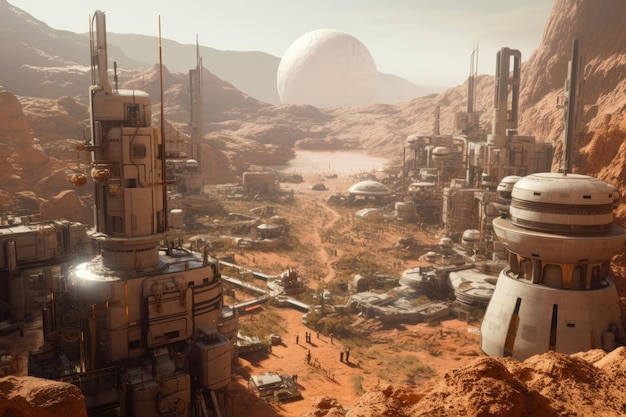 Photo monumental futuristic human base on mars giant moon at the horizon generative ai