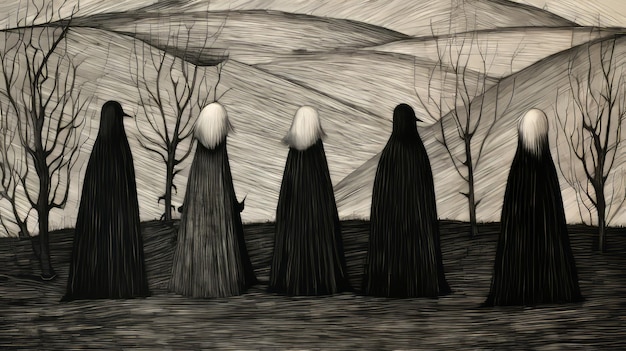 Photo monumental gothic textile art haunting figuratives in rural desert