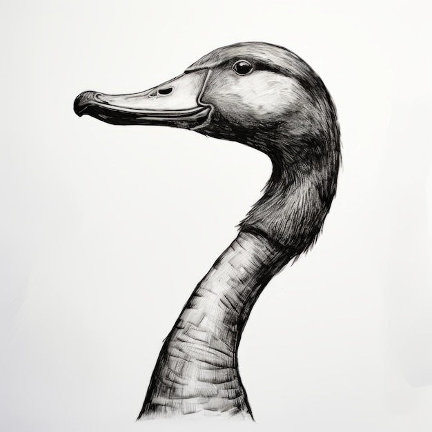 Photo monumental ink drawing of a goose head in black and white