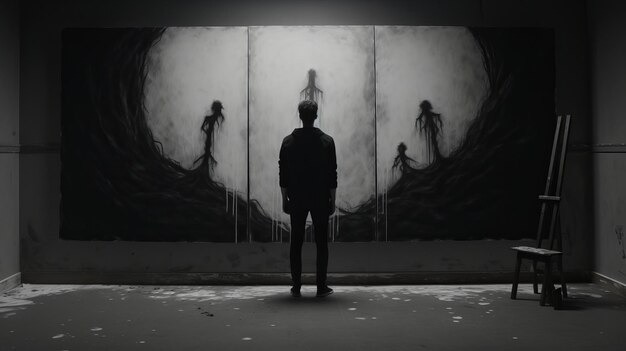 Photo monumental ink paintings mindbending murals in inverted black and white