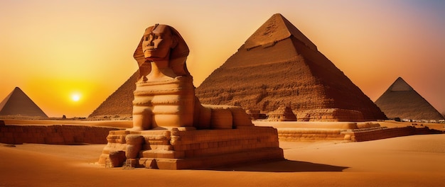 Monumental sculpture of the Sphinx and the great pyramids in the background Giza Plateau Egypt