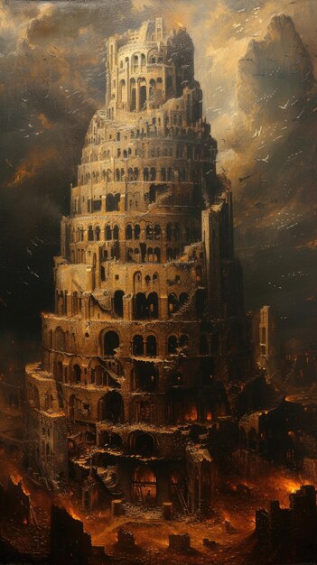 A monumental Tower of Babel pierces the sky symbolizing human ambition cultural diversity unity and discord human endeavor and divine intervention in this iconic biblical scene