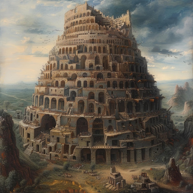 A monumental Tower of Babel pierces the sky symbolizing human ambition cultural diversity unity and discord human endeavor and divine intervention in this iconic biblical scene