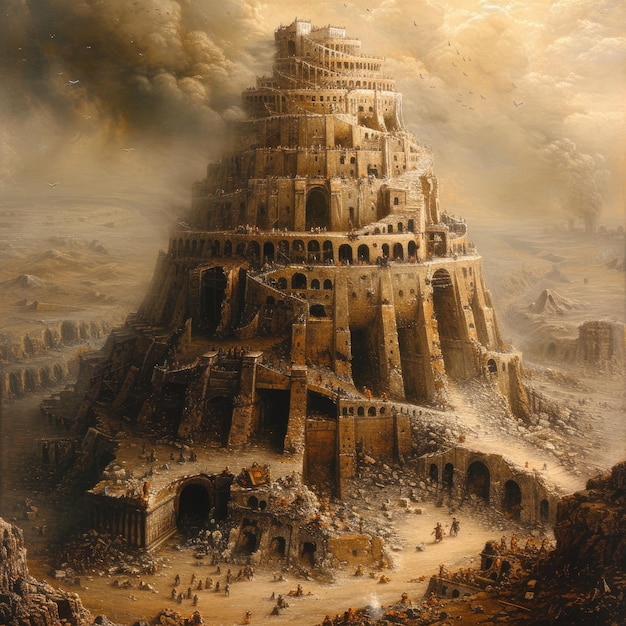 A monumental Tower of Babel pierces the sky symbolizing human ambition cultural diversity unity