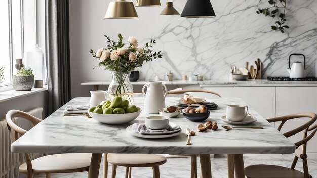 a mood board of your marble kitchen table in various settings throughout the day