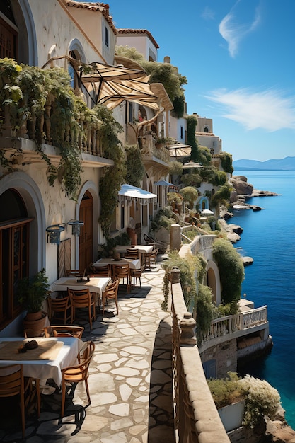 mood tables chairs stone walkway overlooking ocean amazing view fresh basil classical greece loft