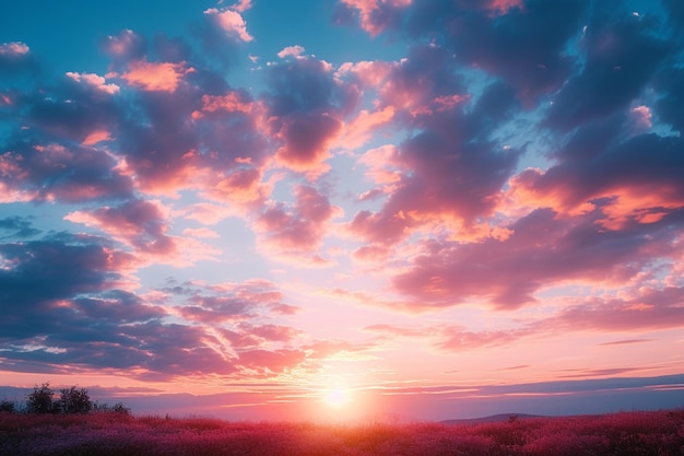 Приветливый фон Яркое закатное небо над идиллическим пейзажем.