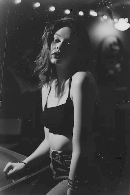 Moody black and white aesthetic grainy portrait of sensual fashionable young woman retro vibe female