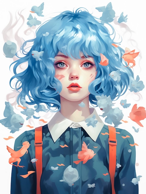 Moody Cartoon girl with Flowers Fantasy and Abstract Background Anime concept Ai Generated