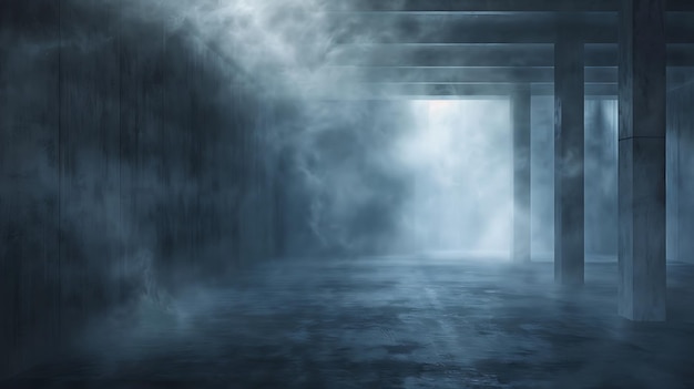 moody concrete room with fog and light