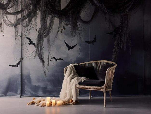 Moody and dark haloween decoration sophisticated autumn holiday decor for haloween party home interior in black colors closeup shot