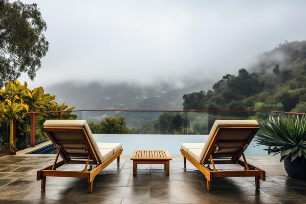 A moody foggy morning by the pool