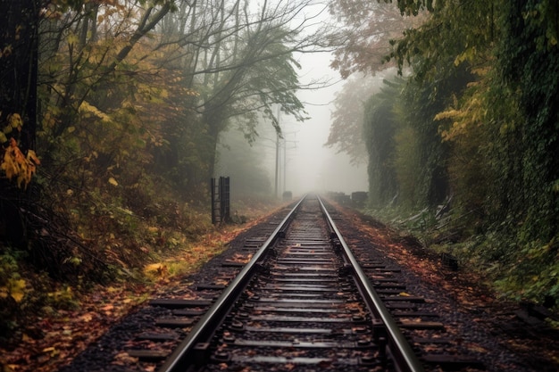 Moody foggy morning on a disused railway track created with generative ai
