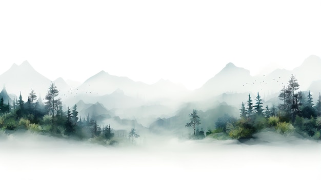 Moody forest landscape with fog and mist white concept