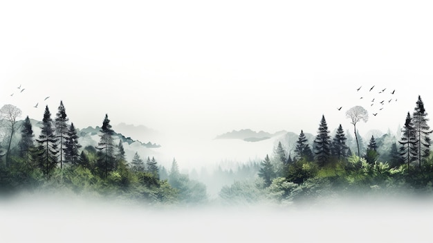 Moody forest landscape with fog and mist white concept